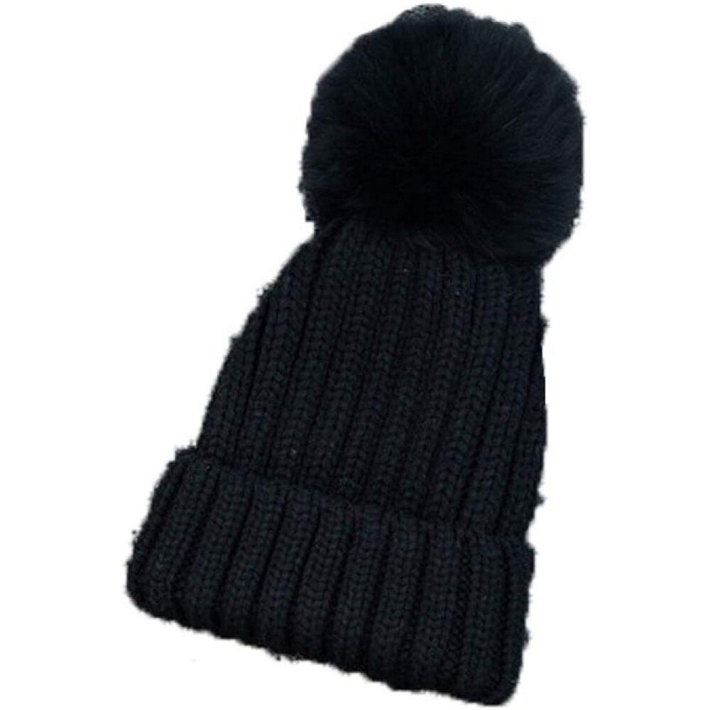 Women's Pompom Knit Hat Black NEW